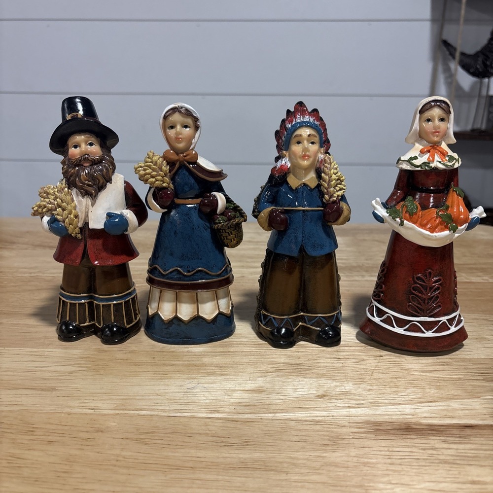 Native American Pilgrim Figurines, Lot Of 4, Thanksgiving Table Decor